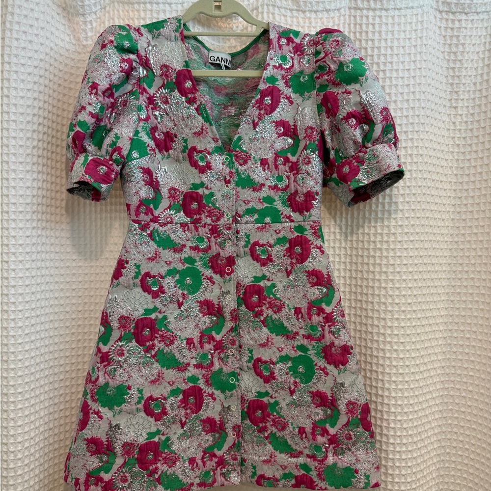 Ganni Green & Pink Jacquard Dress